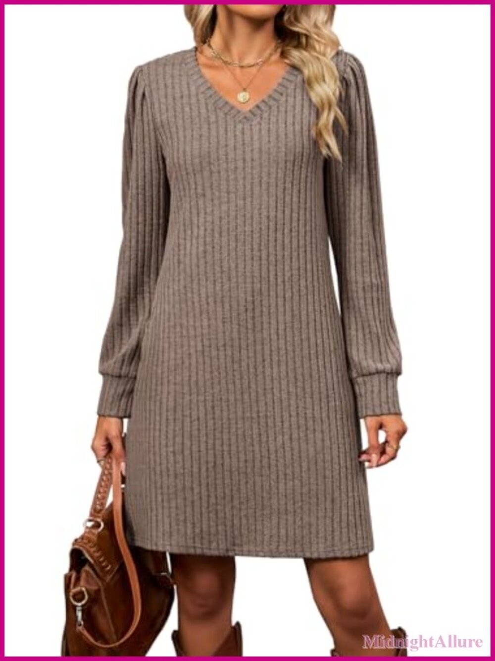 Womens Knit Long Sleeve Fall Dresses V Neck Tunic Sweater Dresses with Pockets